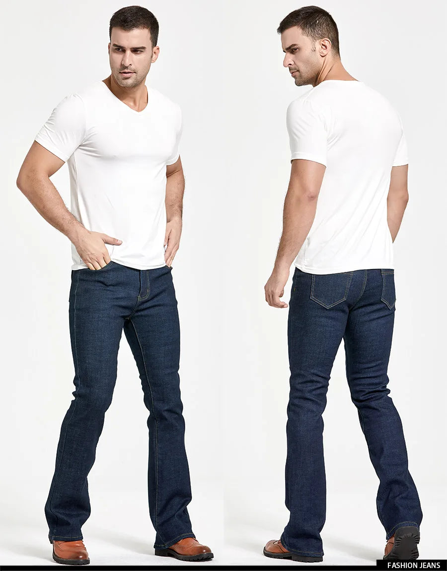 Mens Winter Stretch Denim Jeans Thicken Warm Pants Slim Slightly Flare Trousers Boot Cut Fit Polar Fleece Jeans