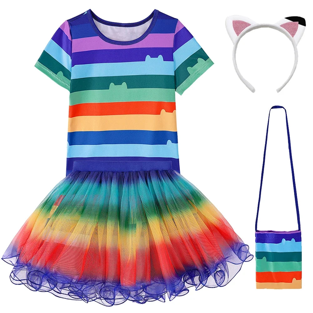 Girls Rainbow Striped T-Shirt Tutu Skirt With Cat Ears Headband Set Halloween Carnival Cosplay Costume Kids Birthday Clothing
