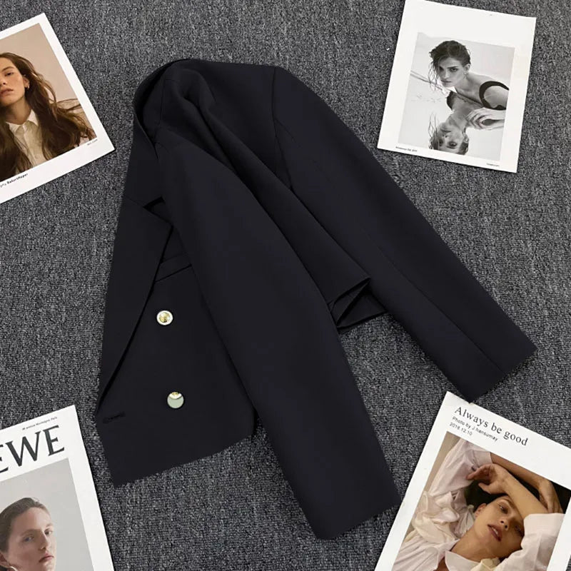 Lucyever Cropped Blazer Jacket Women Korean Fashion Double-Breasted Suit Coat 2024 Autumn New Casual Simple Office Lady Blazers