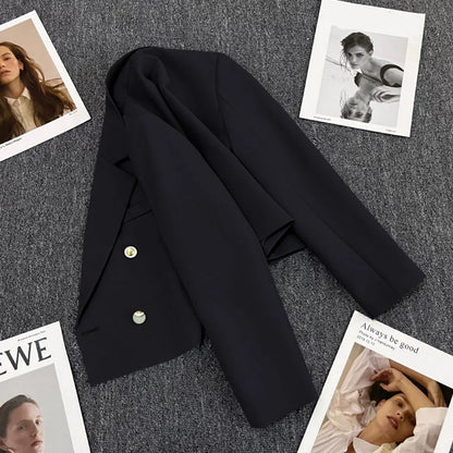 Lucyever Cropped Blazer Jacket Women Korean Fashion Double-Breasted Suit Coat 2024 Autumn New Casual Simple Office Lady Blazers