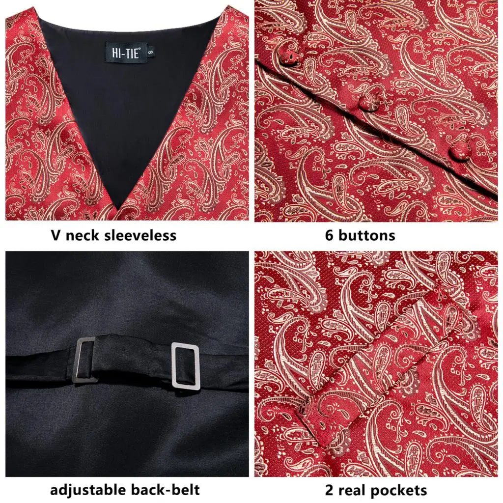 Navy Blue Mens Silk Vests Business Paisley V-Necl Waistcoat Tie Hanky Cufflinks Brooch Set for Men Suit Wedding Formal Hi-Tie