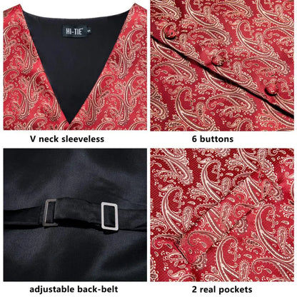 Luxury Mens Vests Black Gold Floral Jacquard Waistcoat Tie Hanky Cufflinks Brooch Set for Men Suit Wedding Office XL