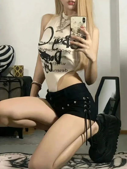 Summer Y2K Black Gothic Denim Shorts Women Skinny Creativity Lace-up Popular Streetwear Daily Personality Students Holiday Jeans