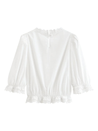 French Retro Puff Short Sleeve Round Neck Blouse for Women Summer Elegant Ins Chic Cropped Tops Cotton White