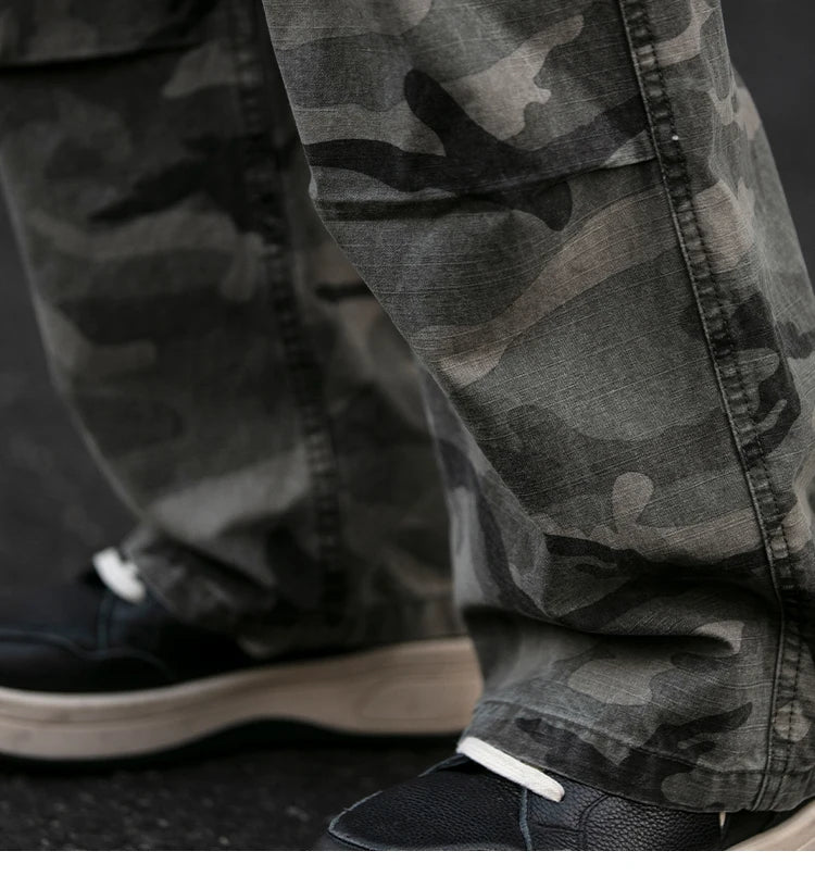 American Tactical Cargo Pants Men Heavyweight Cotton Loose Fit Straight Leg Camouflage Vintage Washed Outdoor Streetwear Premium