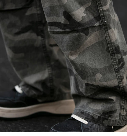 American Tactical Cargo Pants Men Heavyweight Cotton Loose Fit Straight Leg Camouflage Vintage Washed Outdoor Streetwear Premium