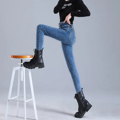 Women Thermal High Waist Jeans Winter Snow Warm Plush Stretch Jeans Lady Skinny Thicken Students Denim Pants Fleece Fur Trousers