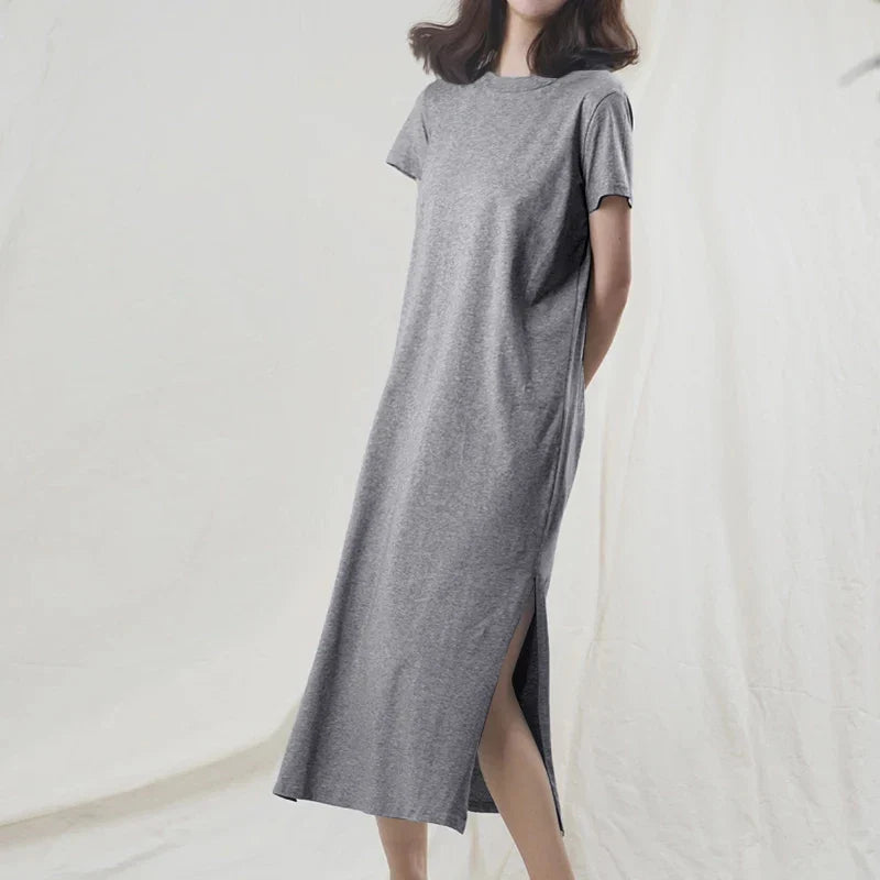 Original Casual 94% Cotton Summer Women's Dresses Solid Short Sleeve Spilt Long Midi Dress Fashion Sundress Female Clothing