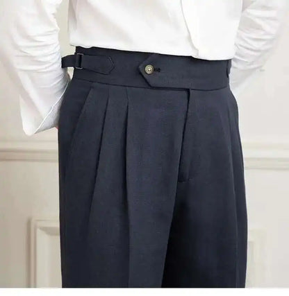 Linen Cotton High Waist Straight Casual Pants Men Versatile Naples Gentleman Pleated Pants High Quality Italian Dress Trousers