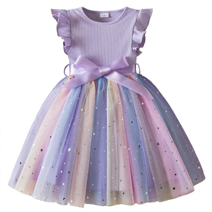 New Girls Dress for Sequins Birthday 1-5Y Toddler Girls Rainbow Tulle Dress Sweet Kids Princess Dress for Girls 2025 Summer Wear