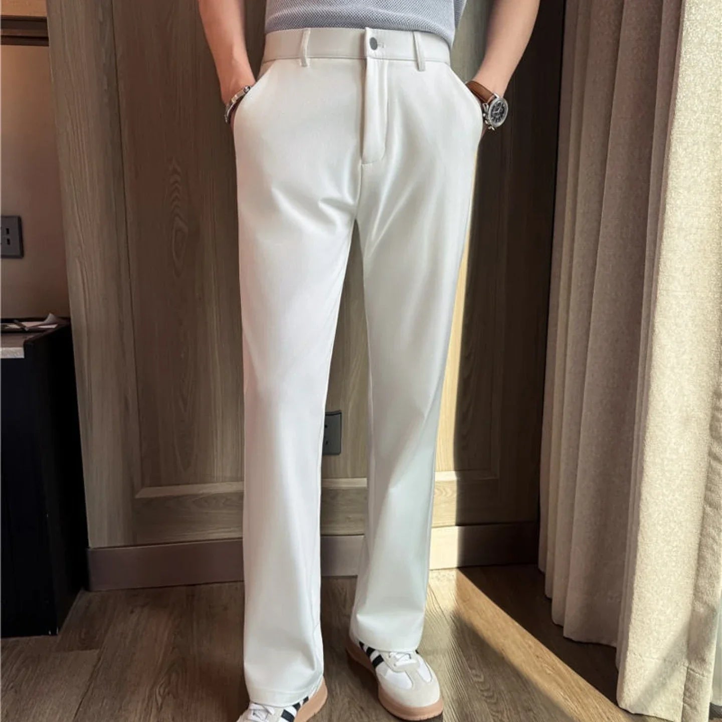 Men's Pleated Trousers, Elastic Waist, Wide-Leg, Casual Suit Pants, 2026 Spring, White/Black, S-4XL