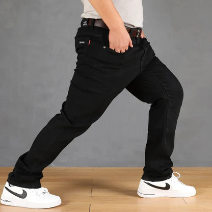 Plus Size Men's Solid Barrel Denim Pants For Spring Fall Casual Black Trendy Jeans For Men