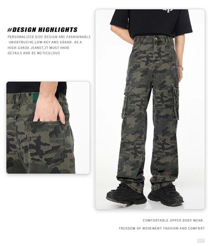 Tall Pants for Slim Thin Skinny Men Y2K Straight Wide Leg Cotton Cargo Pants Camouflage Extra Long Length Trouser Male Vintage