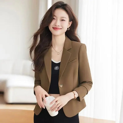 Caramel Short Suit Jacket Women's Casual High-Waisted 2025 New Spring Autumn Short Style Upper Body Fashion Polyester Fiber