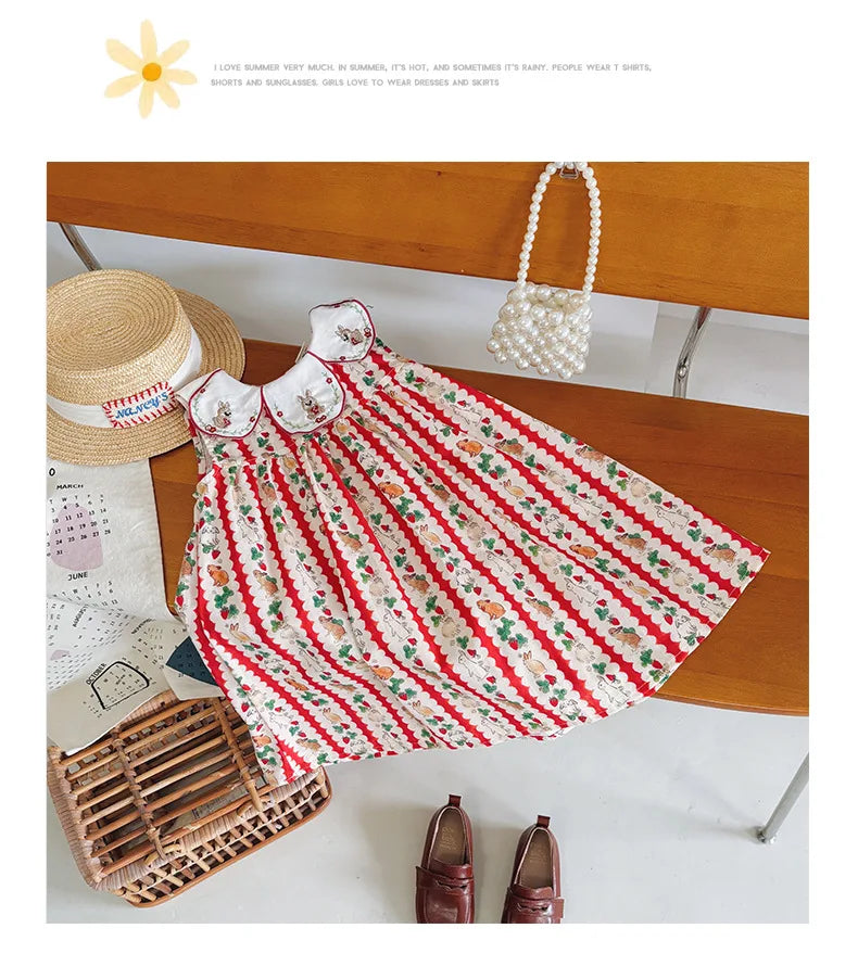 Flower Collar Rabbit Embroidered Girls' Dress 2025 Summer Style Cartoon Print Sweet and Cute Baby Sleeveless Dress