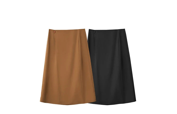 Minimalism Women Skirts 2024 Spring New Asymmetric Lap Piece A-line Solid Trendy Commuter Mid-Calf Skirt For Lady 12421040