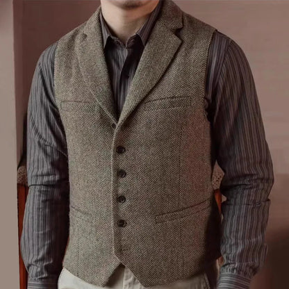 Men Vest Gray Herringbone Single Button With Lapel Waistcoat For Wedding Birthday Banquet Business Work Office Men Suit Vest