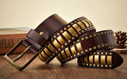 Punk Rock Belts Geometry Pattern for Men for Women Rivet Studded Belts First Layer of Cowskin Hip Pop Decorative Belts