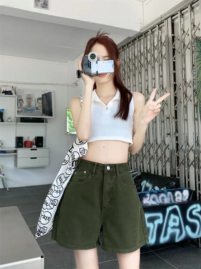 Wide Short Jean Pants Woman With Waist Pocket Denim Shorts for Women Korean Style Youthful Cheap Harajuku Fashion Outfits Jorts