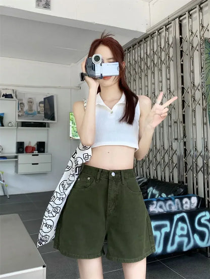 Wide Short Jean Pants Woman With Waist Pocket Denim Shorts for Women Korean Style Youthful Cheap Harajuku Fashion Outfits Jorts