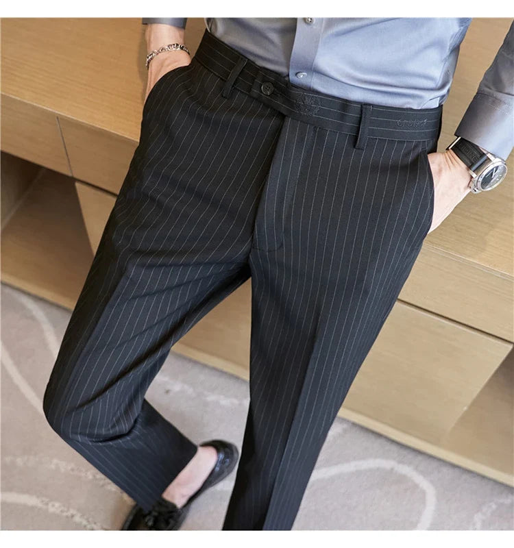 New Korean Style Fashion Striped Embroidery Suit Pants Men's Business Slim Casual Straight Pants Formal Wedding Party Trousers
