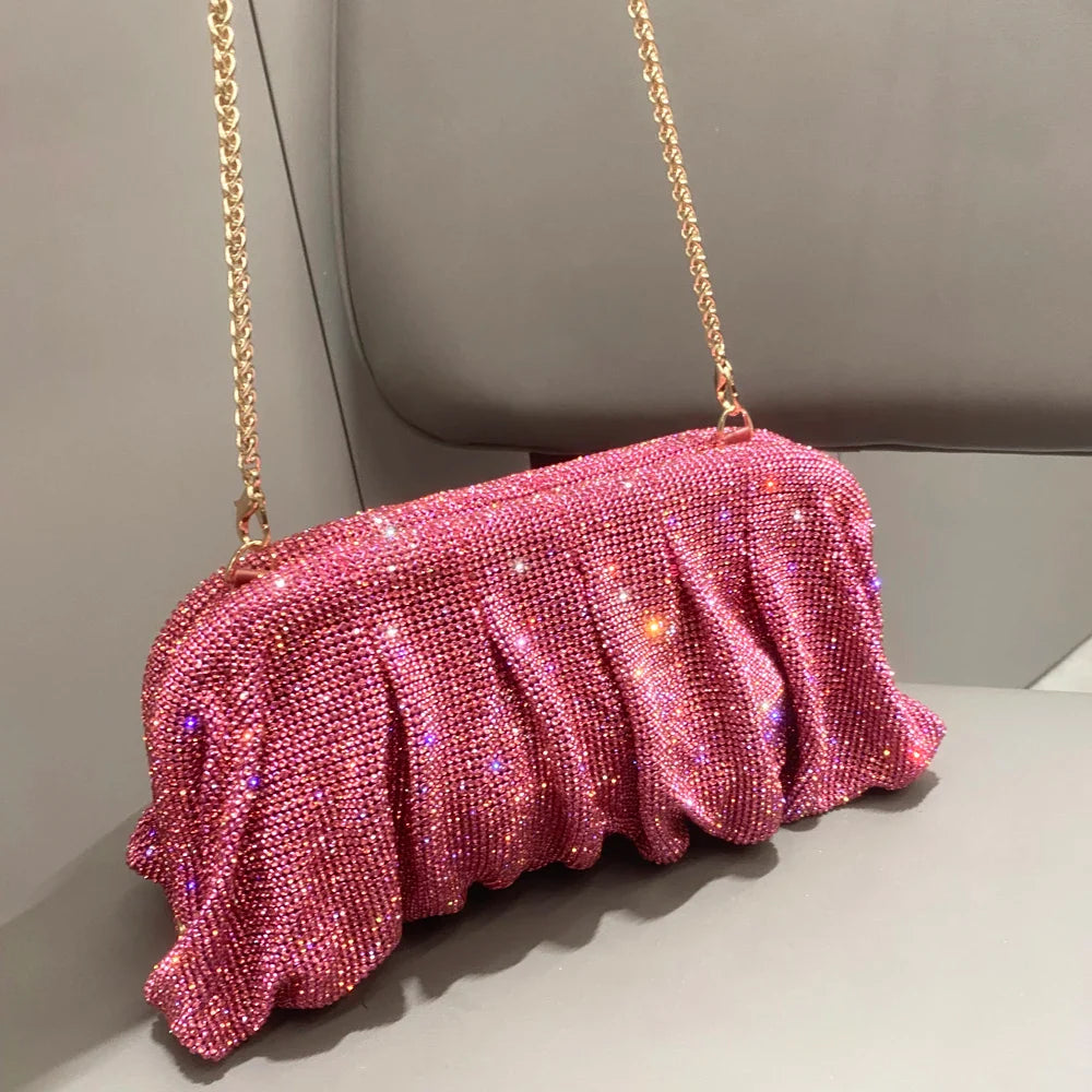 Shiny Handle Rhinestones Handmade Evening Clutch Bags New Folds Purses And Handbags Luxury Designer Wedding Party High Quality