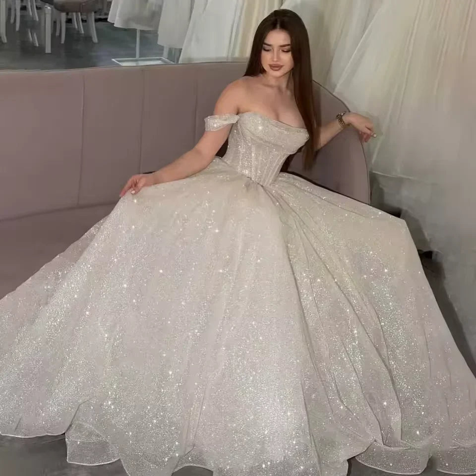 Customized Moden Prom Dress 2026 Glitter Tulle Off the Shoulder Wedding Party Dress Boat-neck A-line Floor-Length Evening Gowns