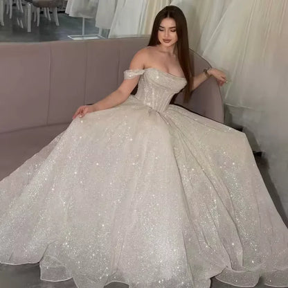 Customized Moden Prom Dress 2026 Glitter Tulle Off the Shoulder Wedding Party Dress Boat-neck A-line Floor-Length Evening Gowns