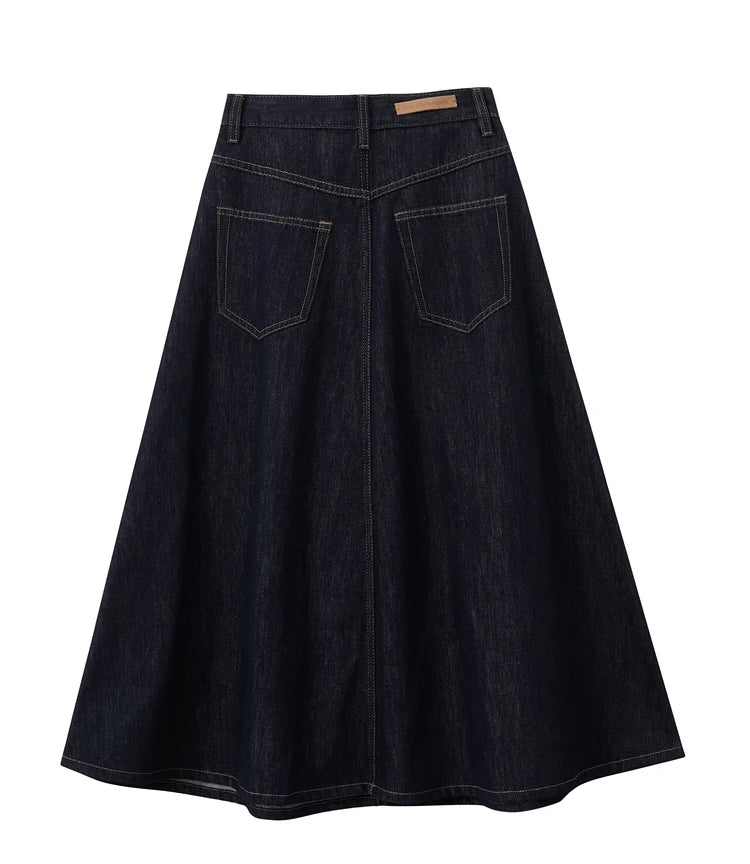 Minimalist Women Denim Skirt 2025 Autumn New French Retro Loose Basics Casual A-line Office Lady Cotton Midi Skirt 12343070
