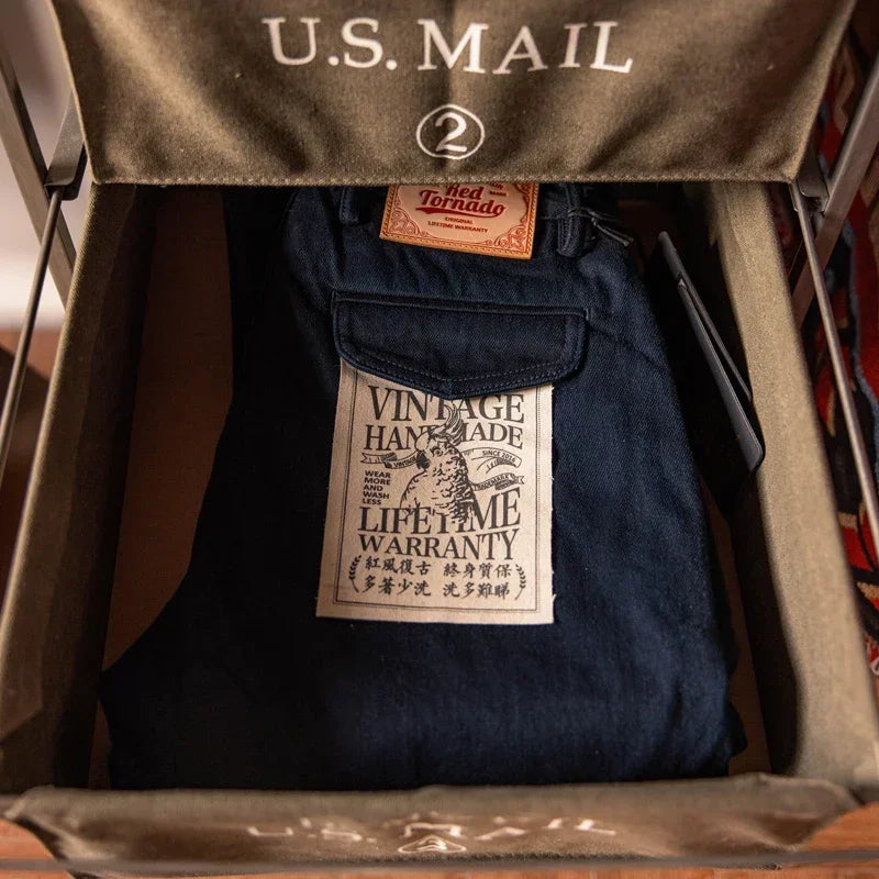 Blue-Black Officer Trousers Slim Straight Fit 14oz Indigo Selvedge Denim Jeans