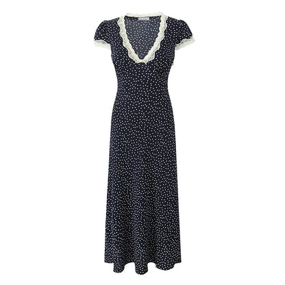 2025 Women Navy Blue Polka Dot Long Dress Lace Trim V Neck Short Sleeve A-line Elegant Holiday Dresses Summe Maxi Robe