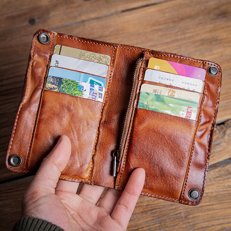 High Quality Men Genuine Leather Wallet Vintage Bifold Money Clip Credit Card Holder Luxury Design with Zipper Coin Pocket