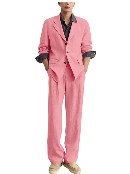 Men's Linen 2 Piece Set Notched Lapel Loose Fit Blazer Wide Leg Trousers Lightweight Breathable Spring Business Casual DailyWear