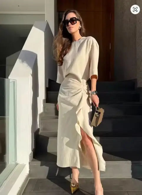 Women's Dress New Pleated Slit Midi Dress Spring Sexy Elegant Women's Long Dress