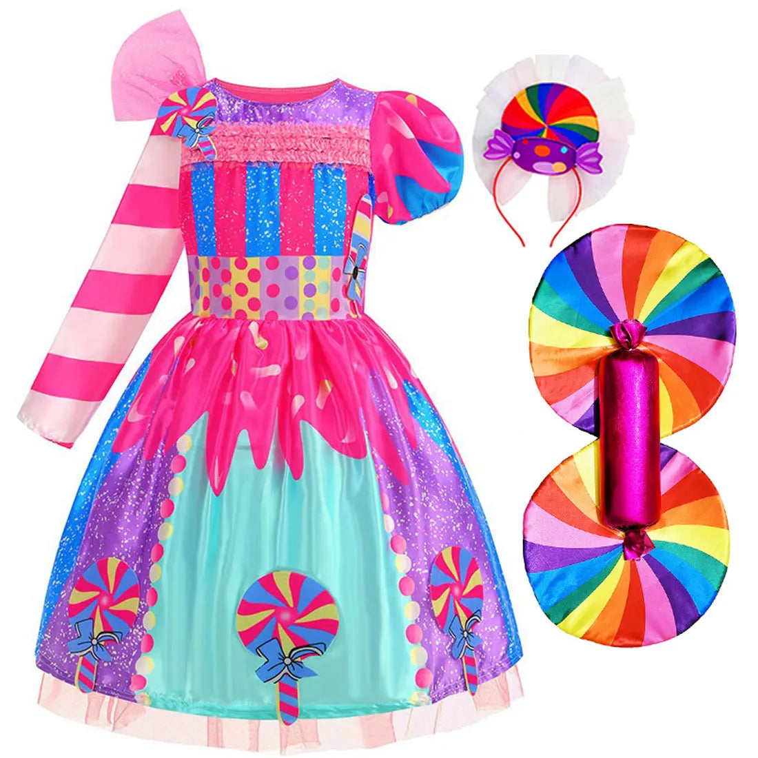 Girls Candy Fairy Lollipop Cosplay Costume Toddler Carnival Purim Rainbow Vestidos Girls Birthday Party Long Short Sleeves Dress