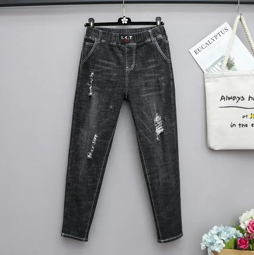 Large Size Baggy Jeans Woman High Waist Loose Harem Pants Elastic Cotton Denim Pants Women Denim Jeans Mom Ripped Jeans