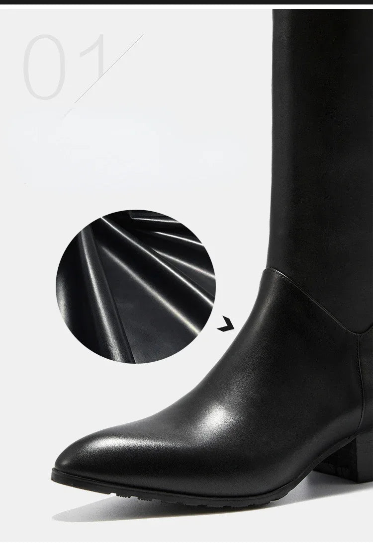 Italian Classic Men's Knee High Boots 5 Cm Heels Luxury Genuine Leather Comfortable Winter Warm Black Business Shoes Boots Man