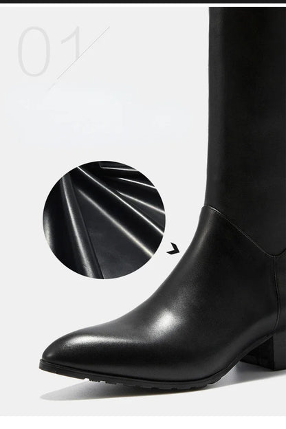 Italian Classic Men's Knee High Boots 5 Cm Heels Luxury Genuine Leather Comfortable Winter Warm Black Business Shoes Boots Man
