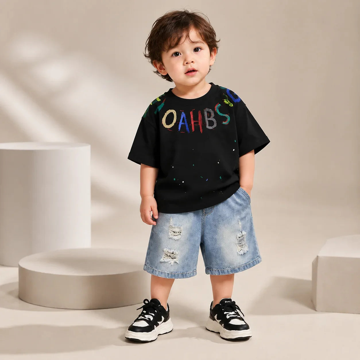 Toddler Boys Summer Outfit Set, Short Sleeve Letter Print T-Shirt + Ripped Denim Shorts, Casual Kids 2Pcs Clothes Set