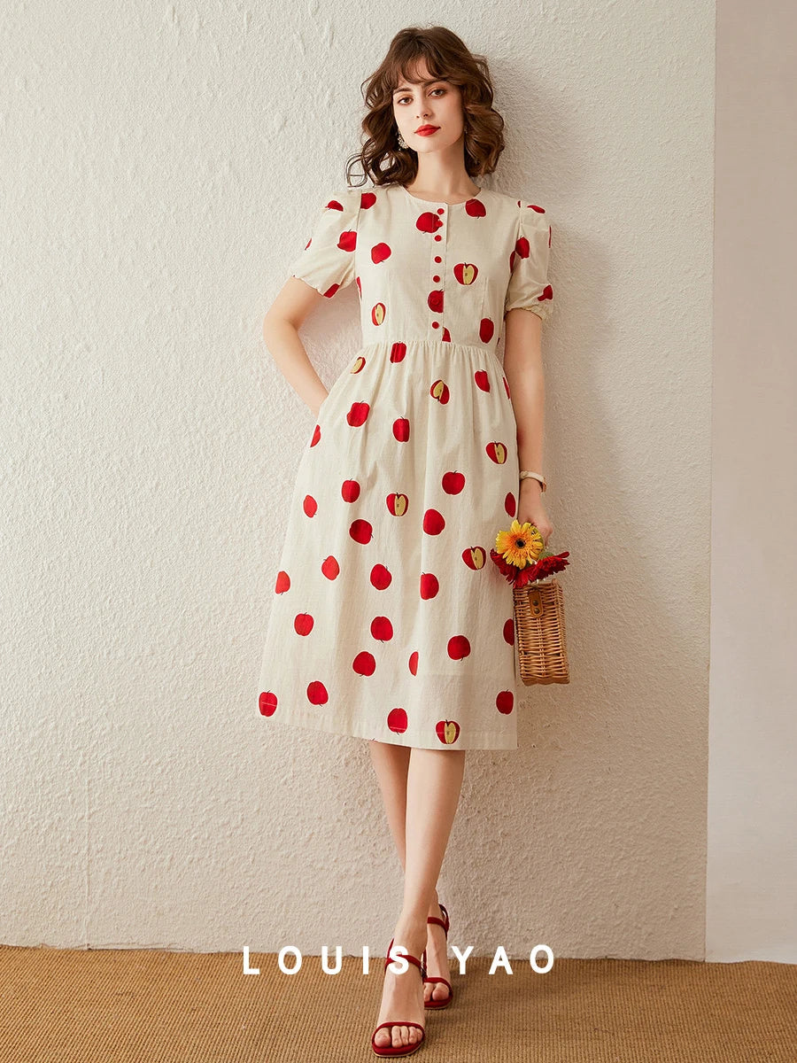 Women Dress 2024 Summer New Elegant Print Apple Round Neck Short Sleeve High Waist Puff Sleeve A-line Long Dress