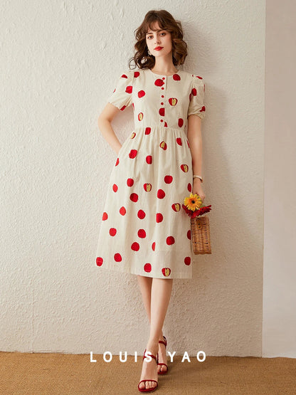 Women Dress 2024 Summer New Elegant Print Apple Round Neck Short Sleeve High Waist Puff Sleeve A-line Long Dress