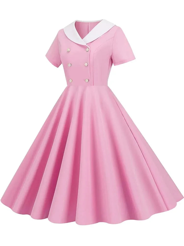 Summer Midi Dress Women Elegant Pink Vintage Party Sundress Casual Peter pan Collar Short Sleeve Dress