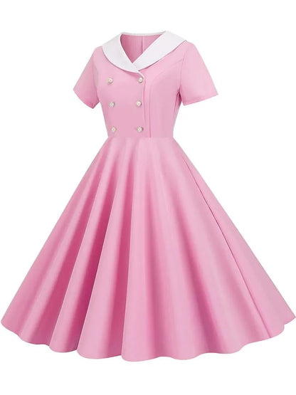 Summer Midi Dress Women Elegant Pink Vintage Party Sundress Casual Peter pan Collar Short Sleeve Dress