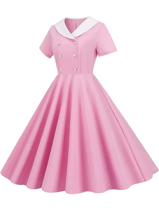 Summer Midi Dress Women Elegant Pink Vintage Party Sundress Casual Peter pan Collar Short Sleeve Dress