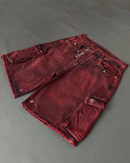 Summer American New Fashion Red Tooling Pocket Loose Denim Shorts Ladies Y2K Gothic Hip Hop Popular Casual Joker Wide-leg Shorts