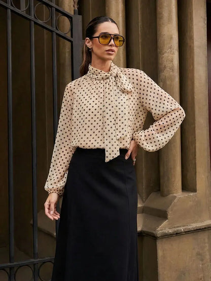 Women 2026 Trend Polka Dot Print Blouse Bow Scarf Collar Long Sleeve Shirt Female Fashion High Street Lady Chic Thin Tops