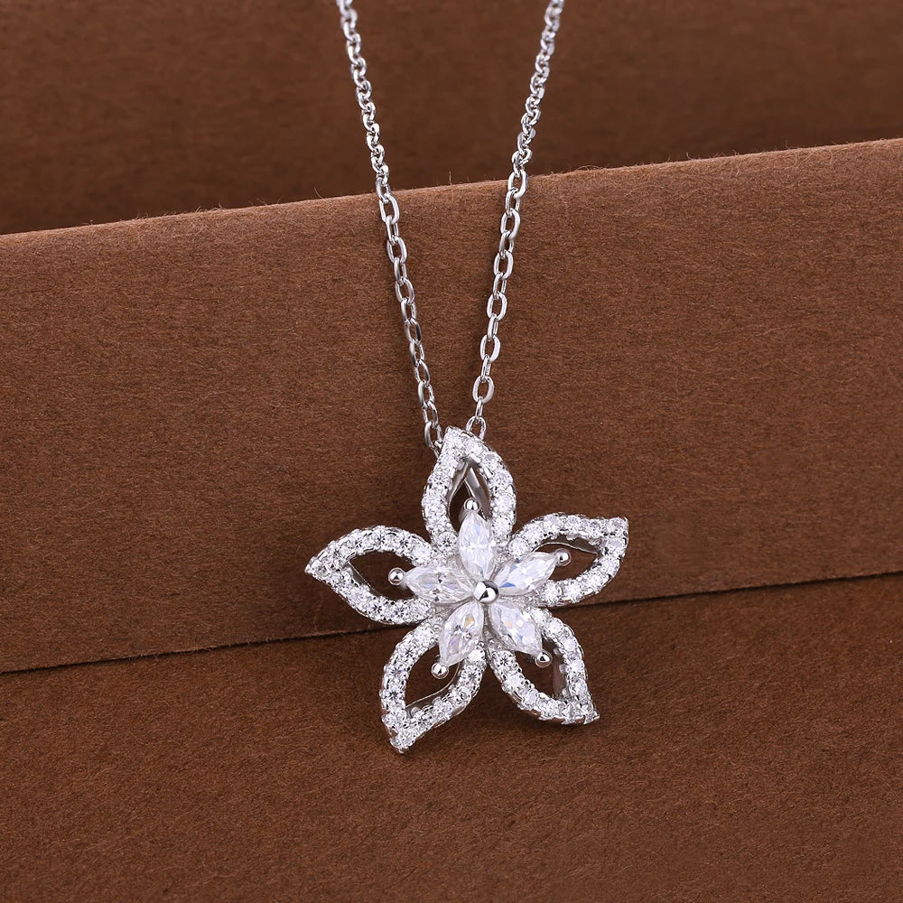 Flower Shape Certified Full Moissanite Pendant Necklace for Women 0.83cctw Round/Marquise Cut Lab Diamond Neckchain Fine Jewelry