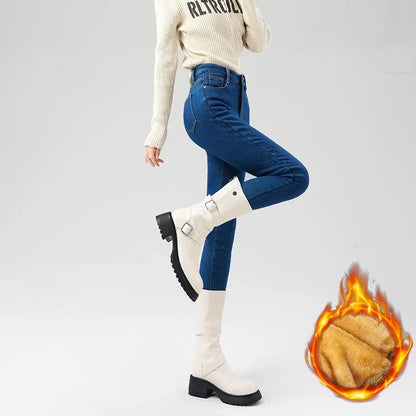 Women's Fleece Warm Winter Jeans Thicken Elastic Skinny Pencil Pants Fashion Korean Slim Plush Thermal Leggings Trousers