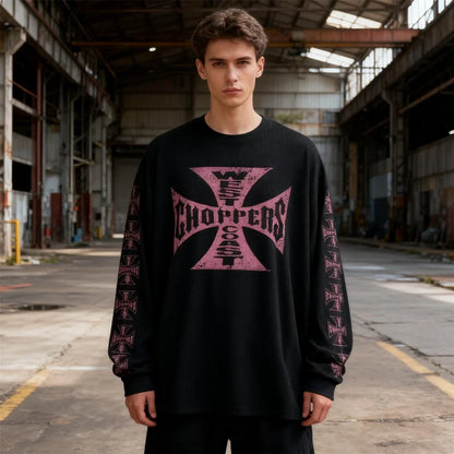 American Style Streetwear Quality Waffle Fabric Printed Tops Oversized Long Sleeves Tee 100%Cotton Vintage T Shirt Men Woman
