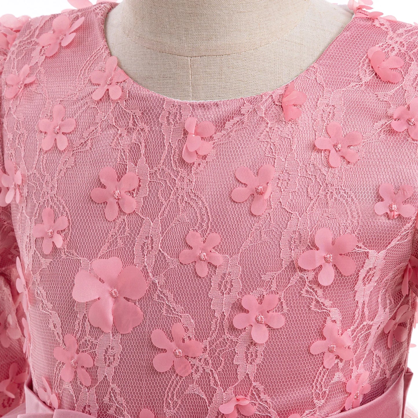 Long Sleeve Flower Bridesmaid Girls Dress Children Christmas Costume Lace Bow Princess Kids Dressees For Girl Party Wedding Gown